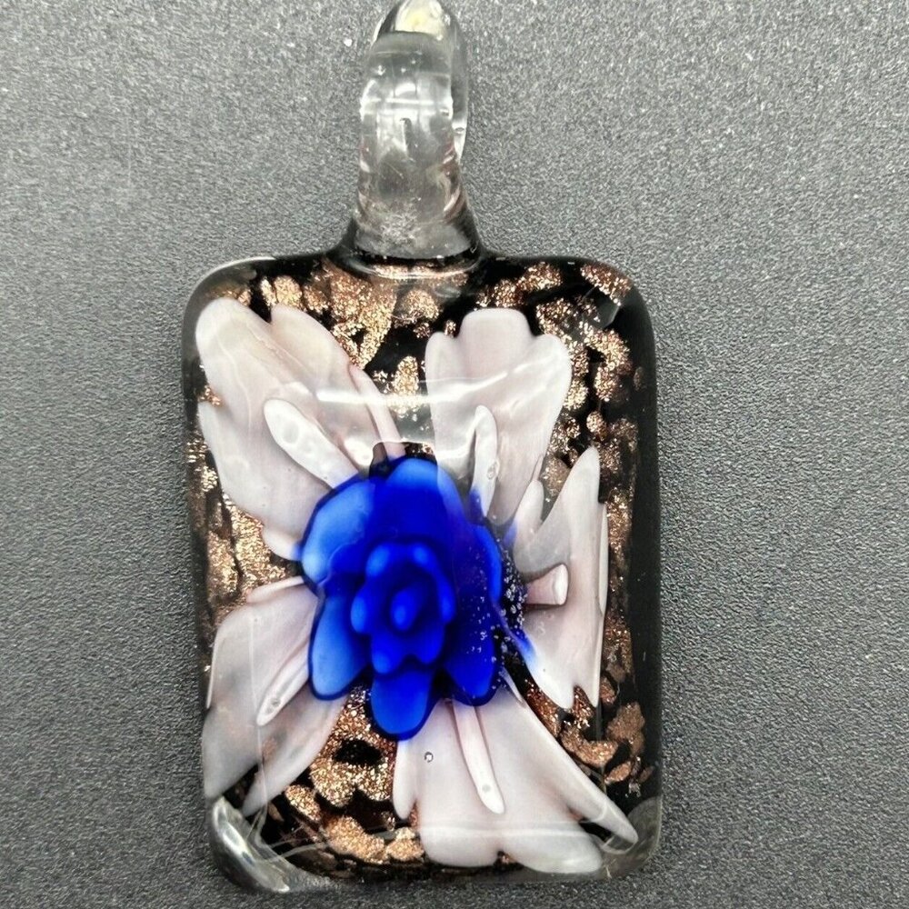 Art Glass Pendant Handblown Blue Flower Bronze Flecks Jewelry Making Necklace 3D